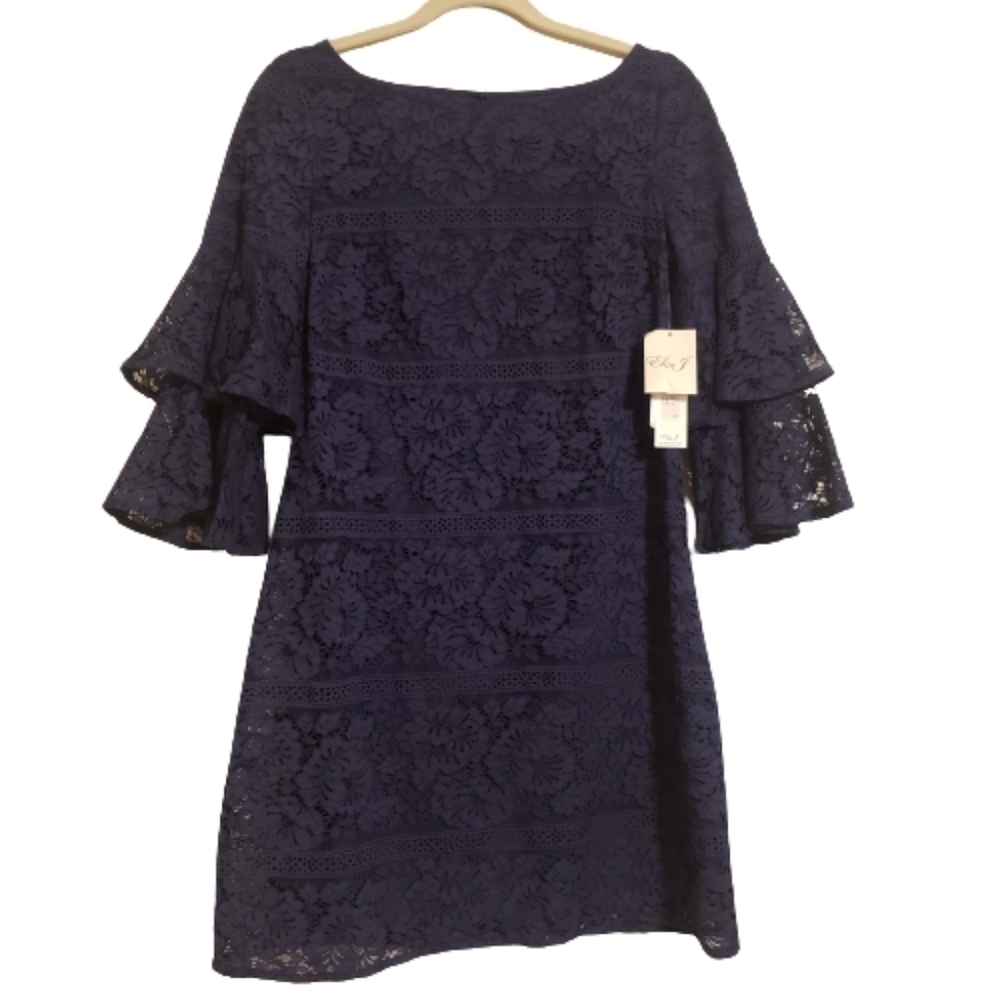 Eliza J Navy Blue Tiered Ruffle 3/4 Sleeve Lace Shift Dress size 6 NWT